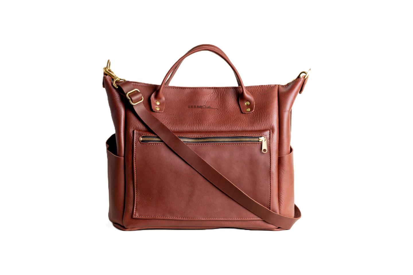 Displays a stylish brown leather tote bag with shoulder strap and multiple pockets.
