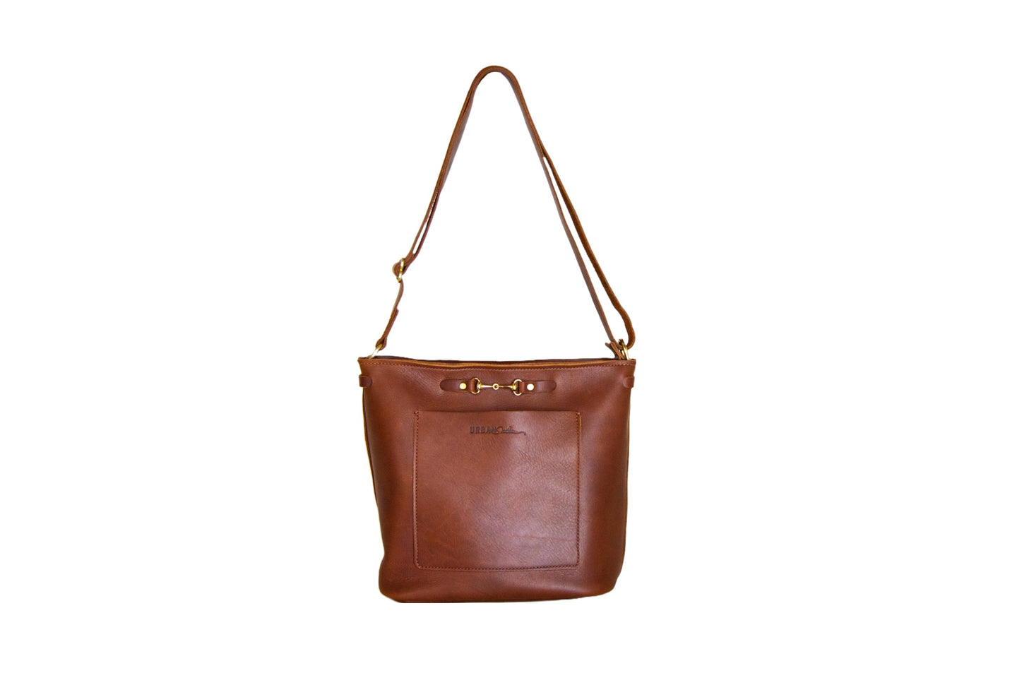A brown leather crossbody bag with a shoulder strap features a front pocket and decorative metal accents.

