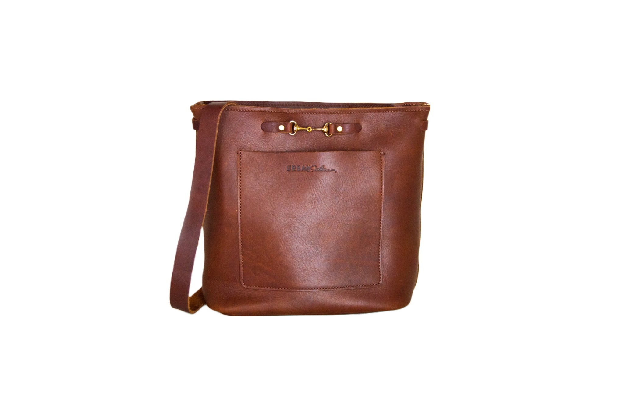 Displaying a stylish brown leather bucket bag with a front pocket and gold-colored hardware.
