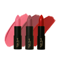 Three "Taylor Made Organics" lipsticks display pink, mauve, and red shades against corresponding color swatches.
