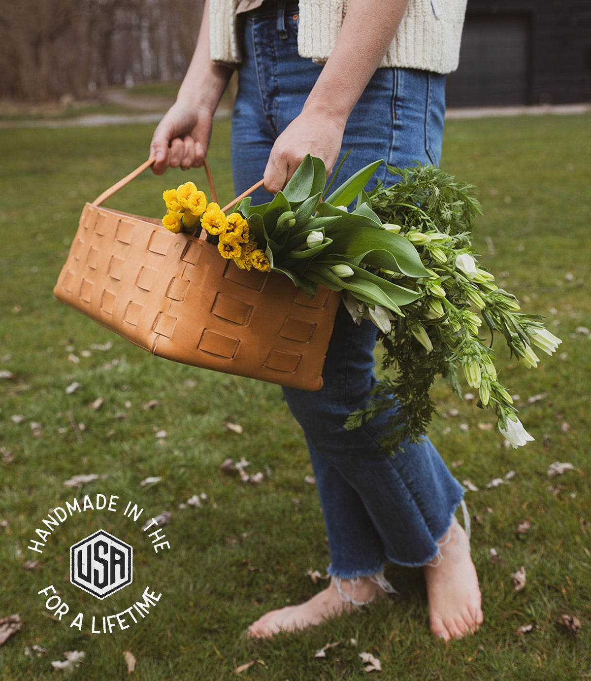 Large Leather Woven Basket