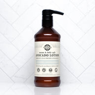 Showcases a bottle of Rustic Strength mama and baby safe unscented avocado lotion for sensitive skin.
