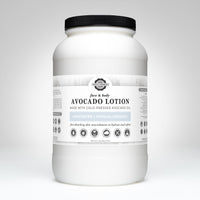 Rustic Strength sells a large jar of face and body avocado lotion made with cold-pressed avocado oil, highlighting its unscented and hypoallergenic qualities for sensitive skin.
