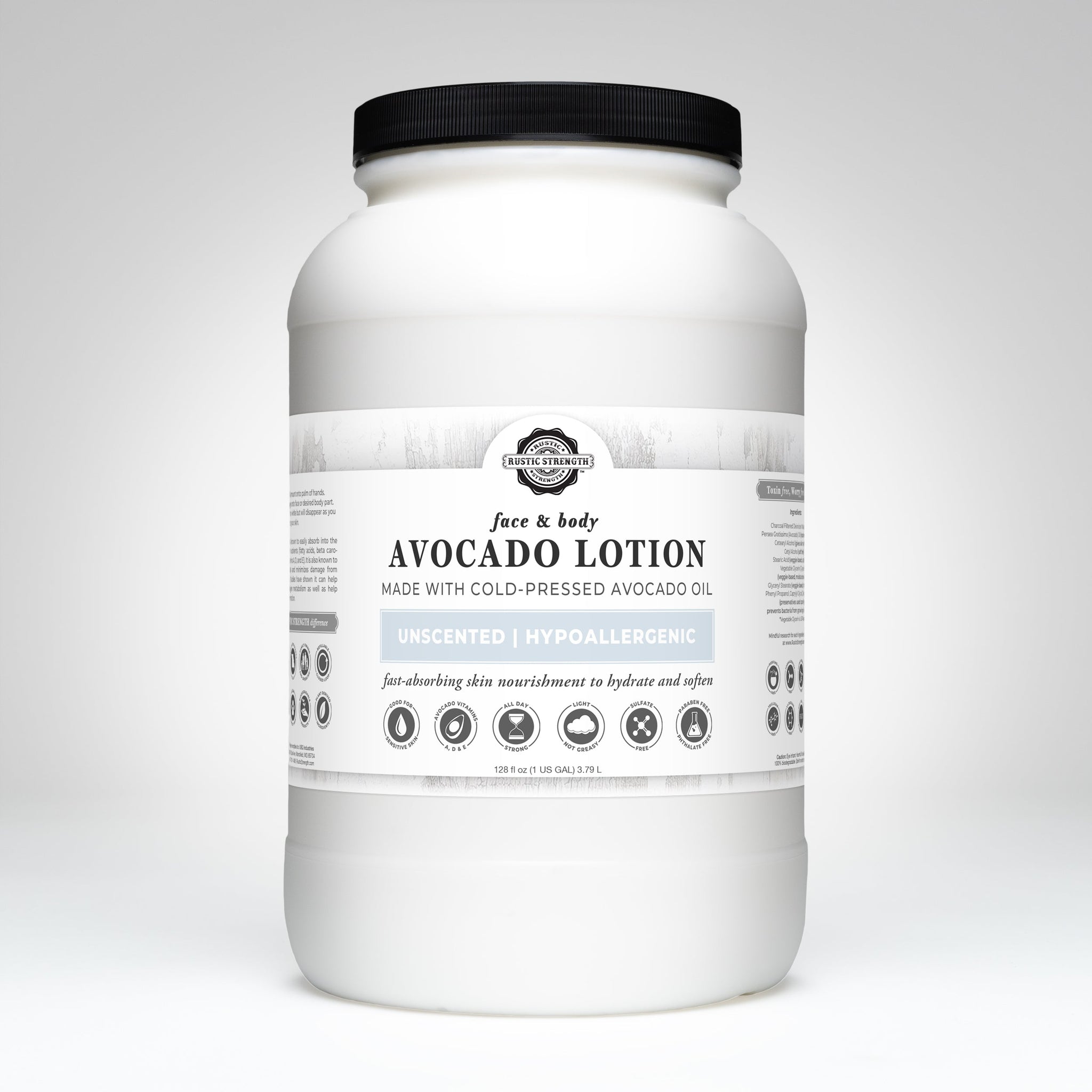Rustic Strength sells a large jar of face and body avocado lotion made with cold-pressed avocado oil, highlighting its unscented and hypoallergenic qualities for sensitive skin.
