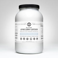 Rustic Strength showcases their unscented, hypoallergenic avocado lotion made with cold-pressed avocado oil for face and body in a large white jar.