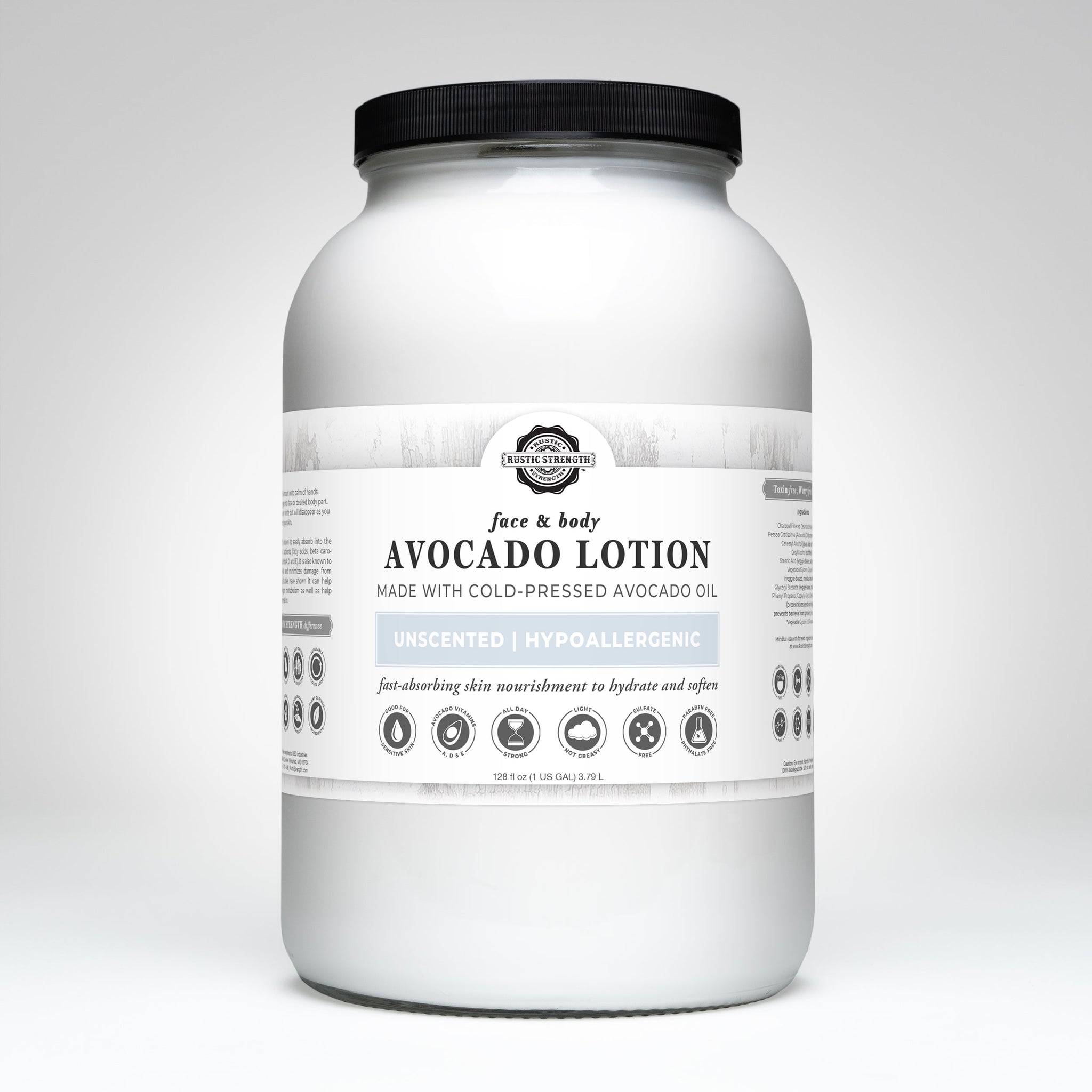Rustic Strength showcases their unscented, hypoallergenic avocado lotion made with cold-pressed avocado oil for face and body in a large white jar.
