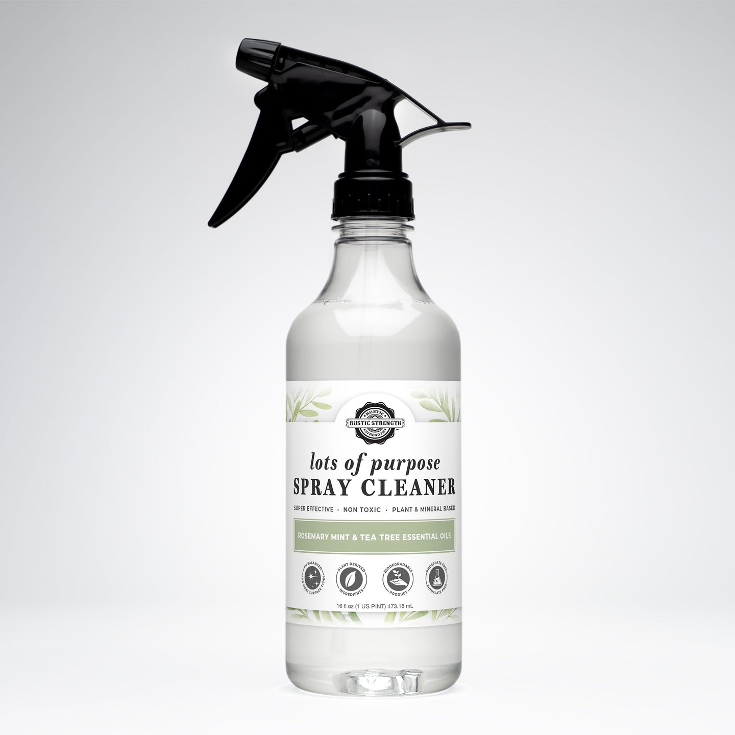 Shows a bottle of Rustic Strength lots of purpose spray cleaner with rosemary mint and tea tree essential oils.
