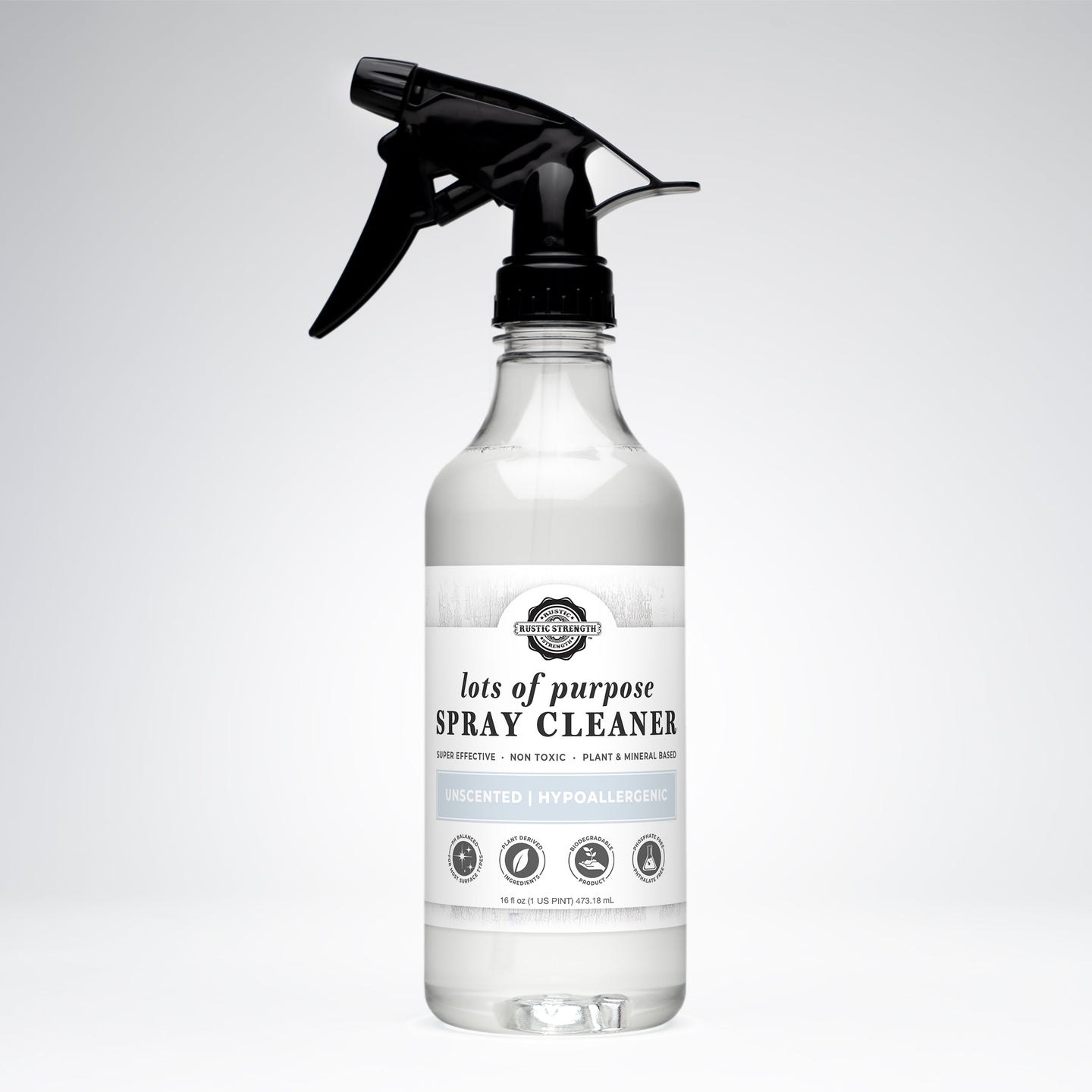 Rustic Strength promotes its "Lots of Purpose" unscented, hypoallergenic spray cleaner in a clear bottle with a black sprayer.
