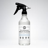 Rustic Strength promotes its "Lots of Purpose" unscented, hypoallergenic spray cleaner in a clear bottle with a black sprayer.
