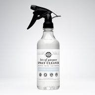 Rustic Strength promotes its "Lots of Purpose" unscented, hypoallergenic spray cleaner in a clear bottle with a black sprayer.
