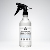 Rustic Strength promotes its "Lots of Purpose" unscented, hypoallergenic spray cleaner in a clear bottle with a black sprayer.
