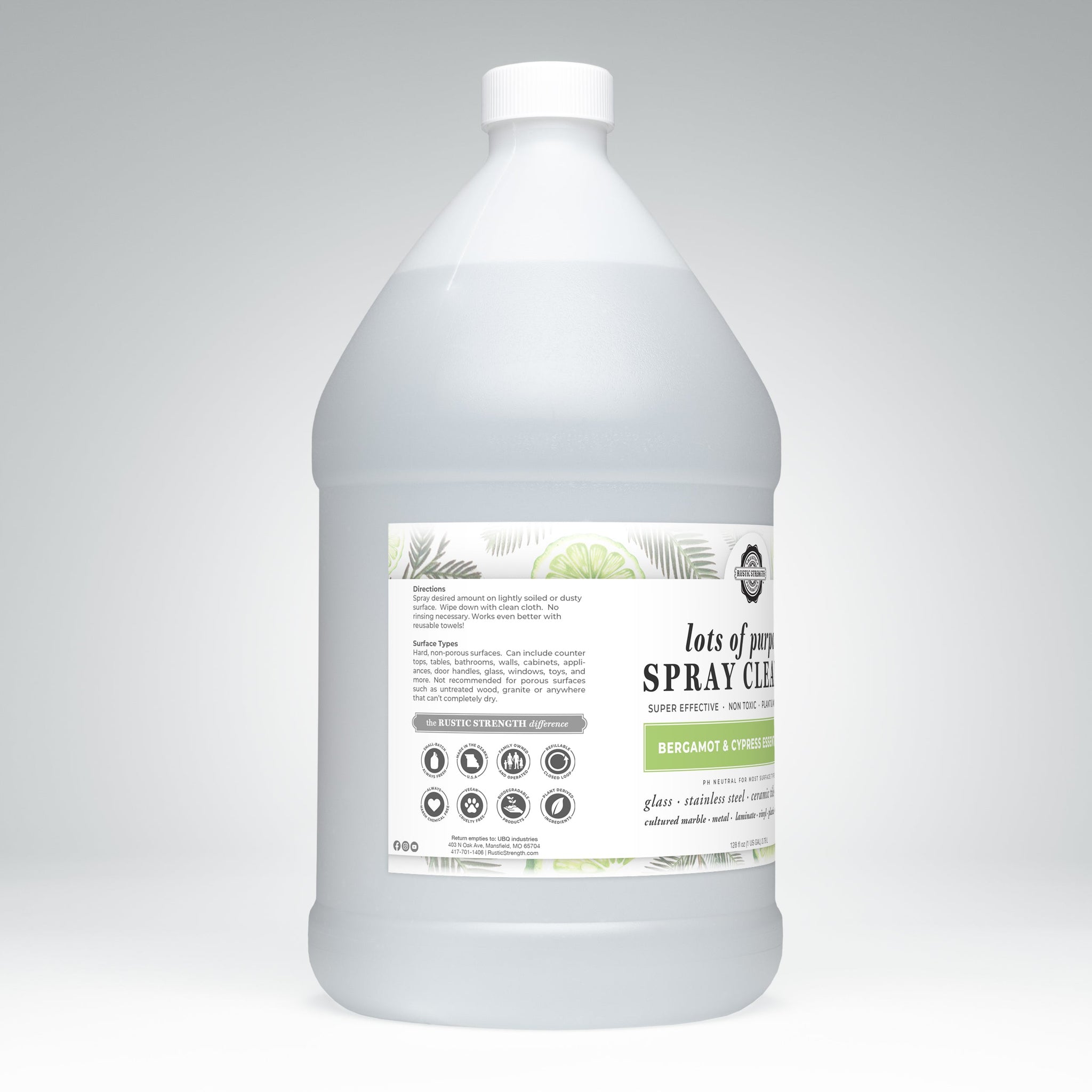 A gallon jug showcases Rustic Strength's all-purpose, bergamot and cypress scented spray cleaner.
