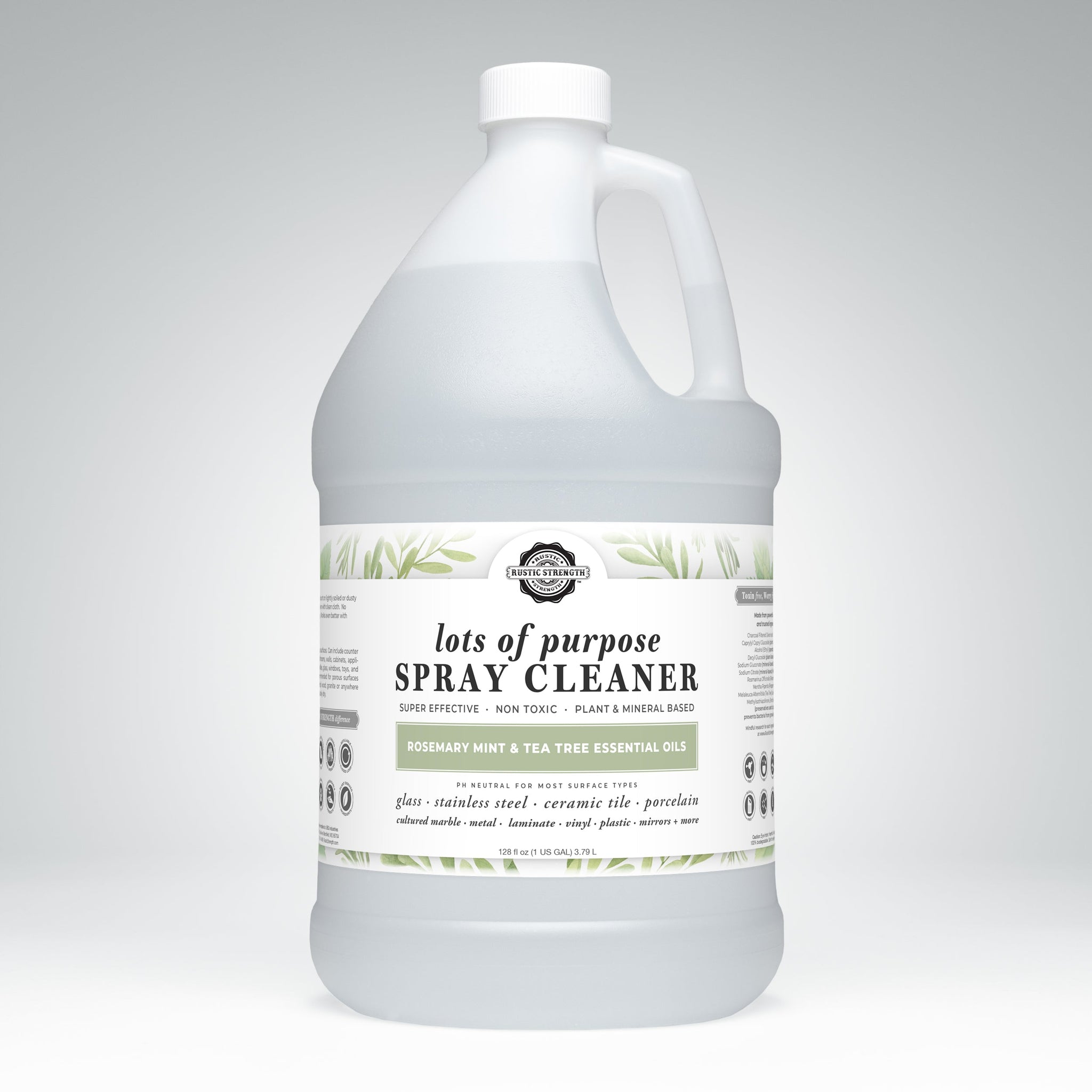 See a gallon jug of Rustic Strength Lots of Purpose Spray Cleaner, a natural and non-toxic cleaning solution with rosemary, mint, and tea tree essential oils.
