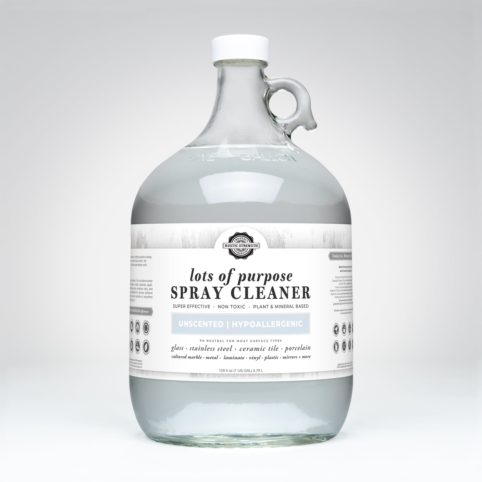 Rustic Strength's lots of purpose spray cleaner in a one-gallon glass jug promises effective, non-toxic, and hypoallergenic cleaning for various surfaces like glass, stainless steel, and ceramic tile.
