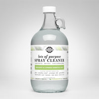 View a glass bottle filled with Rustic Strength Lots of Purpose Spray Cleaner, featuring bergamot and cypress essential oils for cleaning various surfaces.