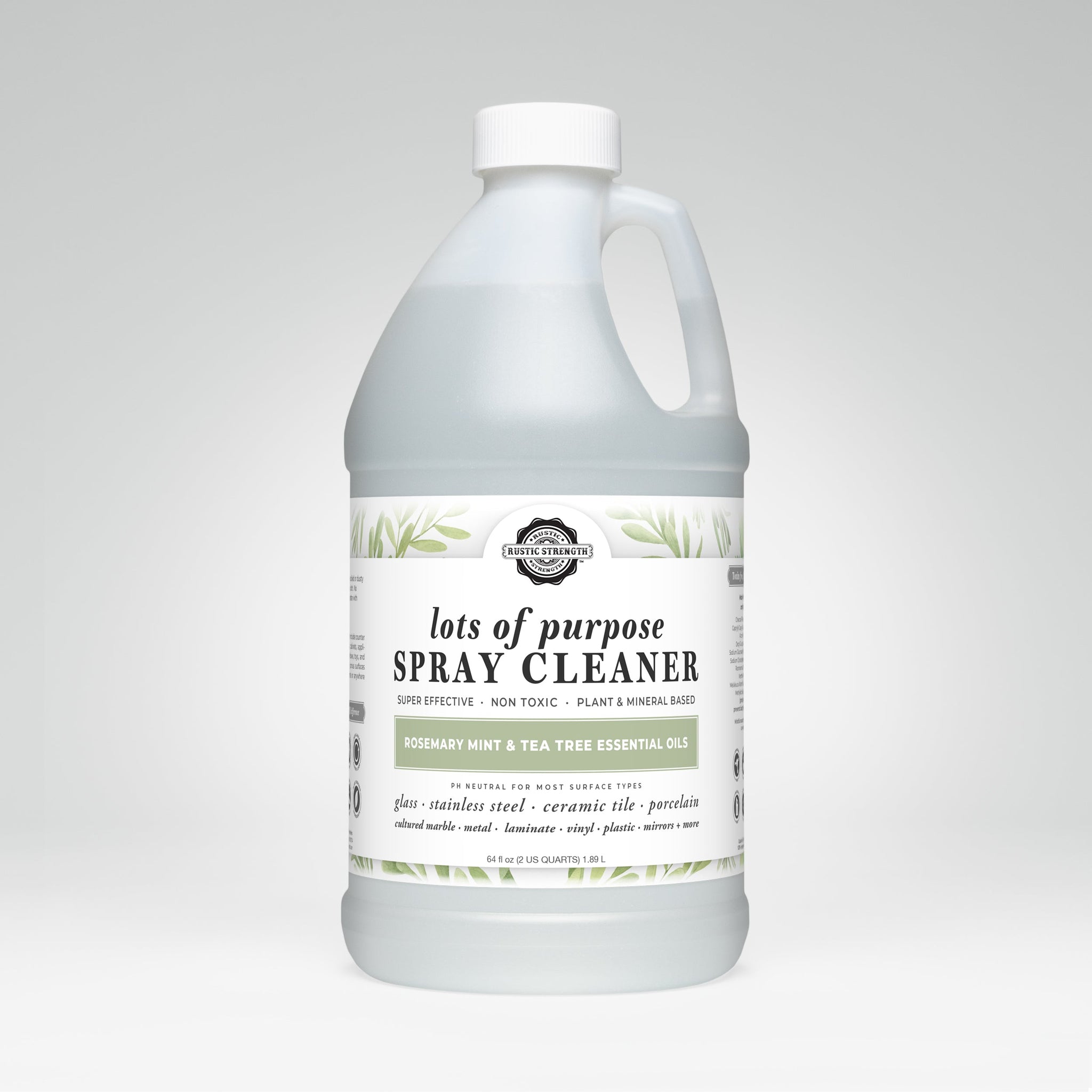 Rustic Strength spray cleaner bottle showcases its plant-based, multi-surface cleaning power with rosemary mint and tea tree essential oils.
