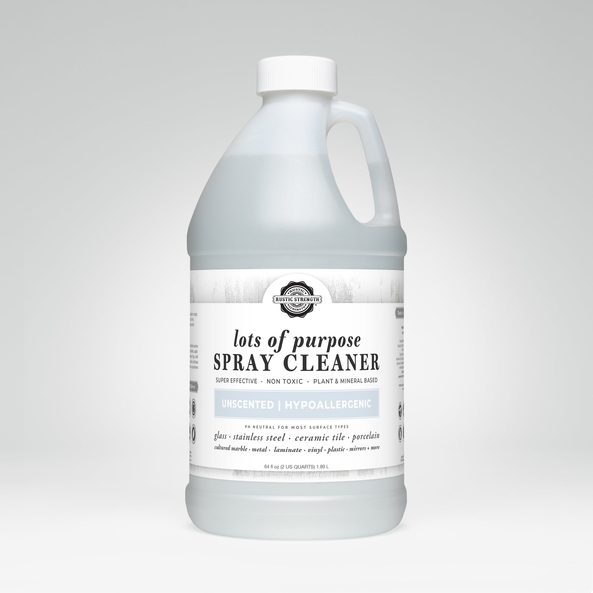 Bottle displays Rustic Strength lots of purpose, unscented, hypoallergenic spray cleaner for various surfaces.