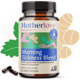 Motherlove Pregnancy Morning Sickness Blend herbal supplement bottle promises to soothe nausea and indigestion with 60 liquid capsules.
