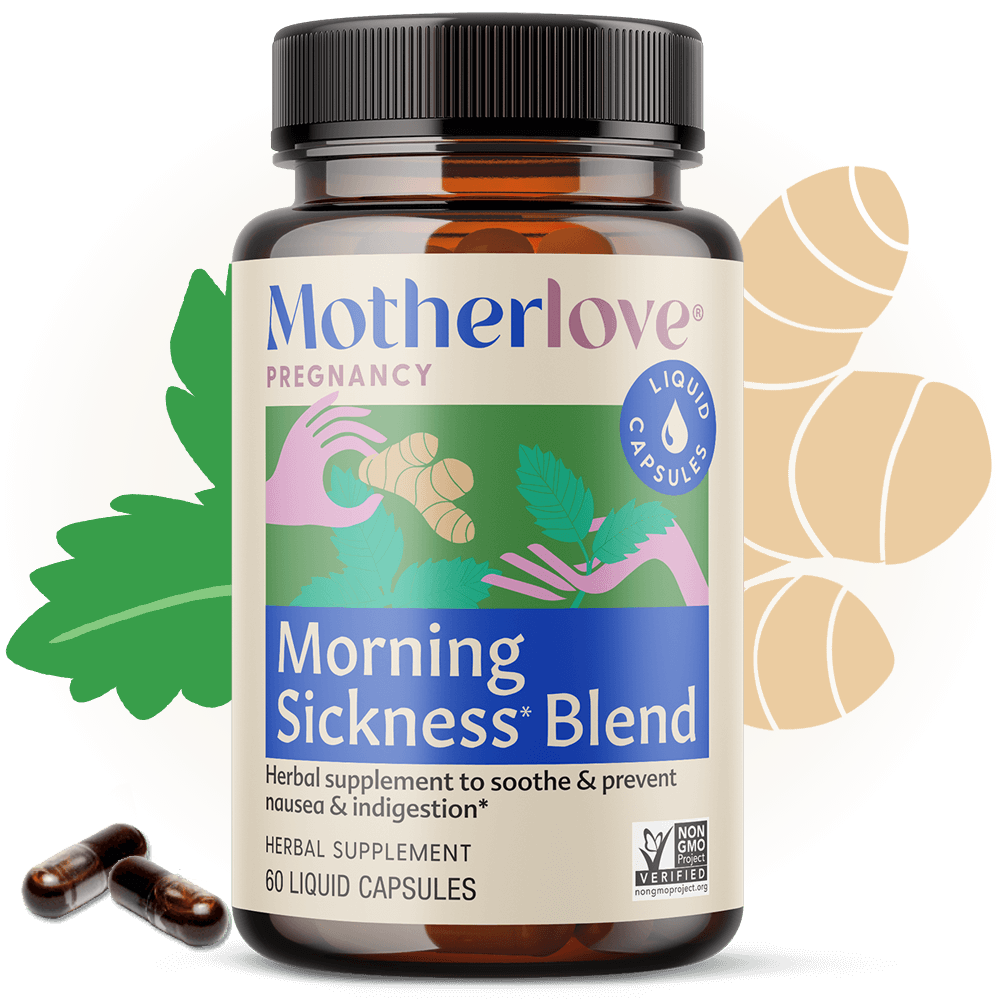 Motherlove Pregnancy Morning Sickness Blend herbal supplement bottle promises to soothe nausea and indigestion with 60 liquid capsules.
