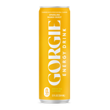 A yellow can showcases Gorgie Mango Burst energy drink, featuring zero sugar and green tea caffeine.
