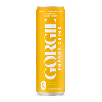 A yellow can showcases Gorgie Mango Burst energy drink, featuring zero sugar and green tea caffeine.
