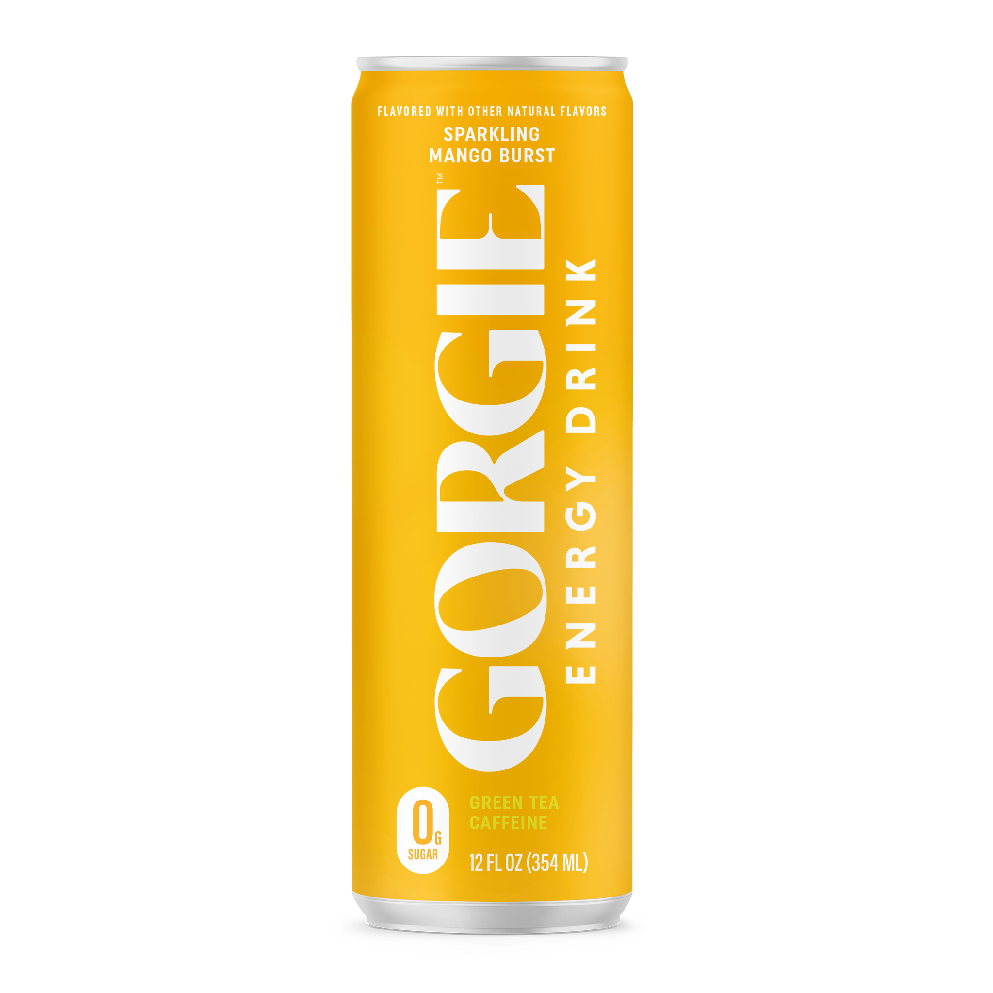 A yellow can showcases Gorgie Mango Burst energy drink, featuring zero sugar and green tea caffeine.
