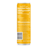 Close-up shows the nutrition facts and ingredients of a low-calorie, zero-juice energy drink in a yellow can, highlighting the caffeine content from green tea and the recycling information.
