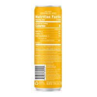Close-up shows the nutrition facts and ingredients of a low-calorie, zero-juice energy drink in a yellow can, highlighting the caffeine content from green tea and the recycling information.
