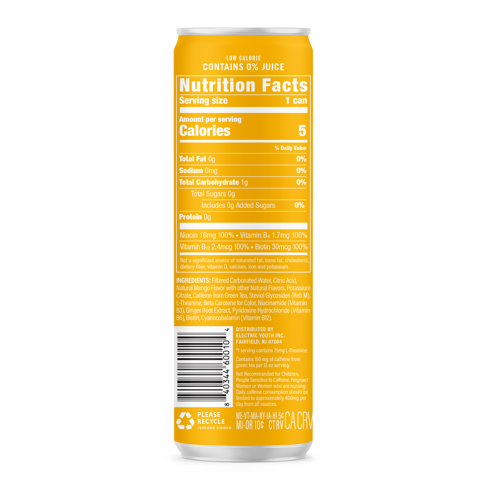 Close-up shows the nutrition facts and ingredients of a low-calorie, zero-juice energy drink in a yellow can, highlighting the caffeine content from green tea and the recycling information.
