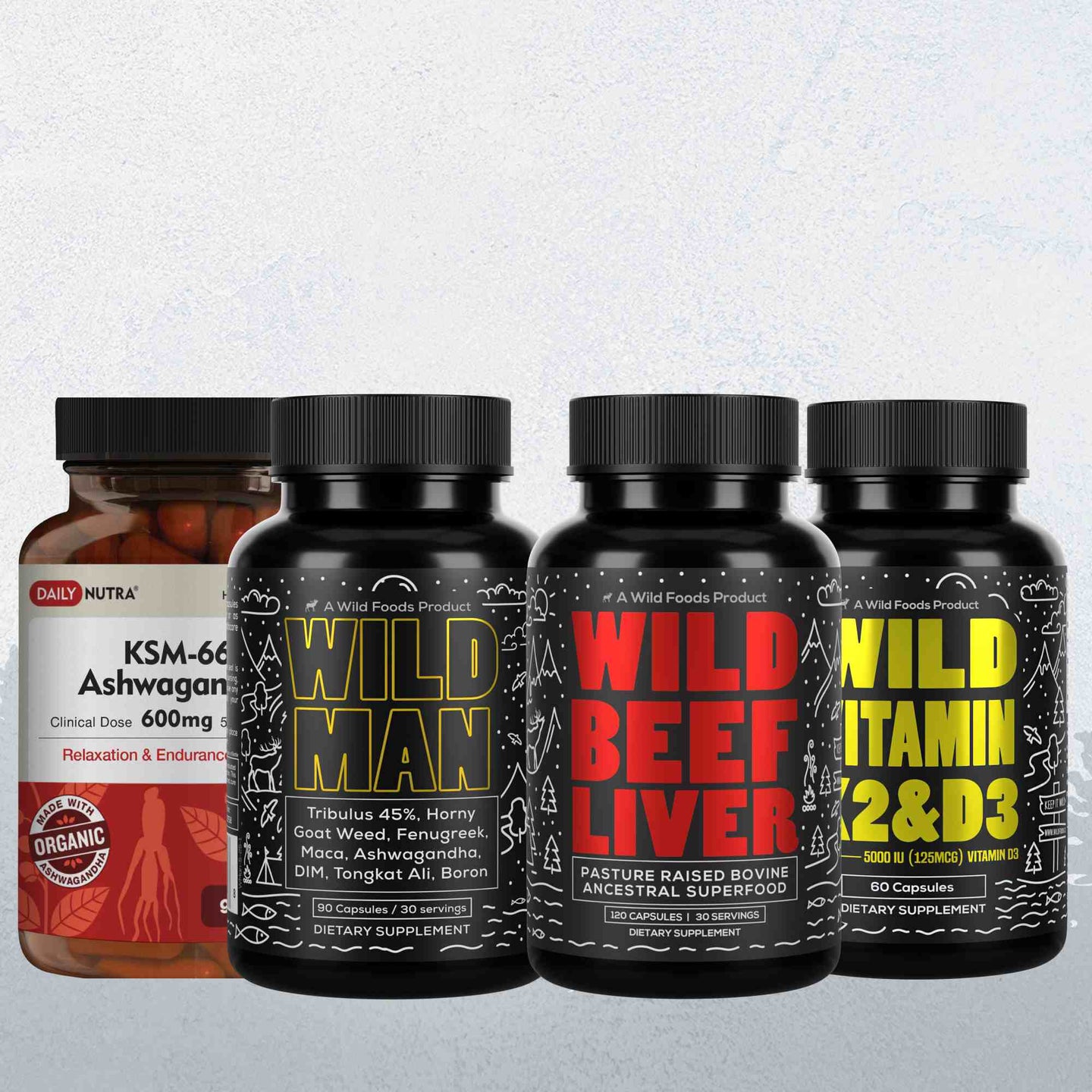 Displaying Ashwagandha, Wild Man, Beef Liver, and Vitamin K2 & D3 supplements showcase their benefits for wellness.
