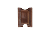 A brown leather minimalist wallet displays its money clip design.
