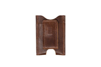 A brown leather minimalist wallet displays its money clip design.
