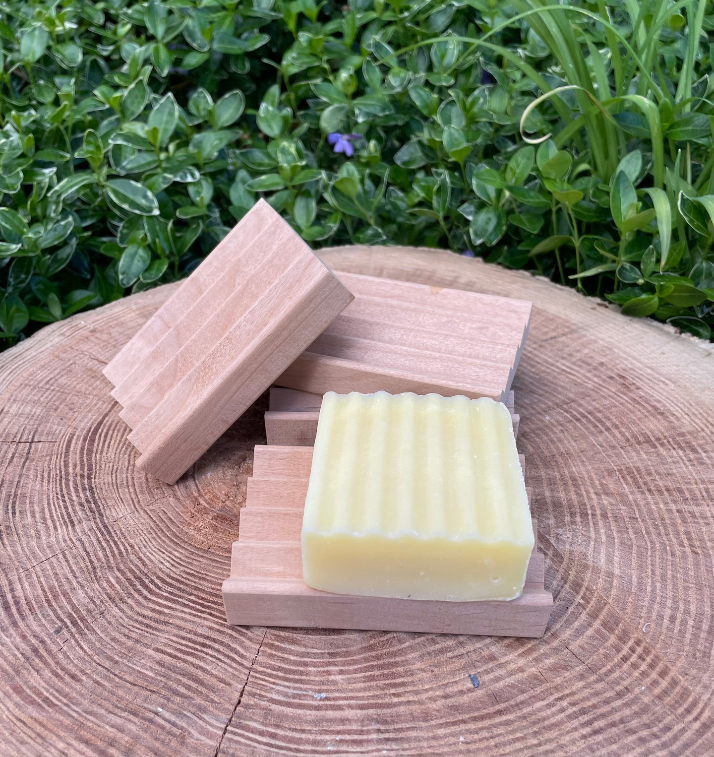 Handcrafted soap rests on a wooden soap dish, displayed on a textured tree stump outdoors.
