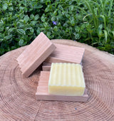 Handcrafted soap rests on a wooden soap dish, displayed on a textured tree stump outdoors.
