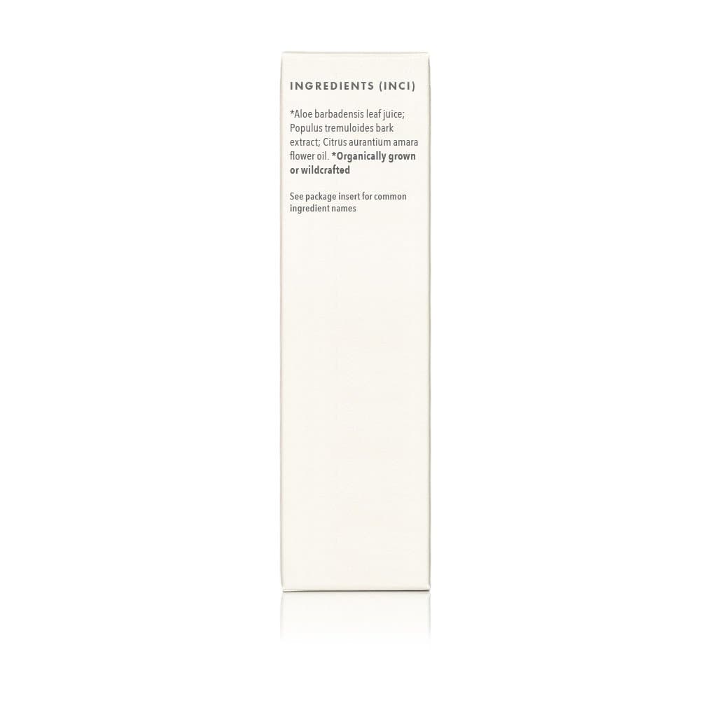 A white product box lists its ingredients, including aloe, poplar bark extract, and citrus flower oil, highlighting organically grown components.
