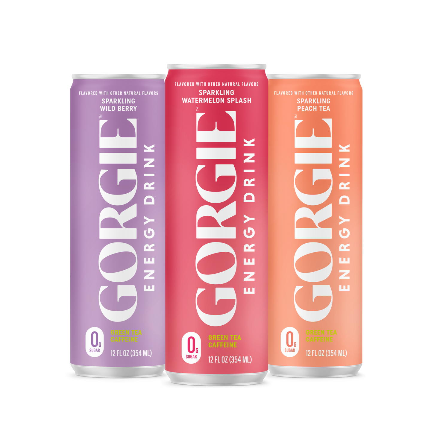 Three colorful Gorgie energy drink cans showcase wild berry, watermelon splash, and peach tea flavors.

