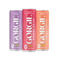 Three colorful Gorgie energy drink cans showcase wild berry, watermelon splash, and peach tea flavors.
