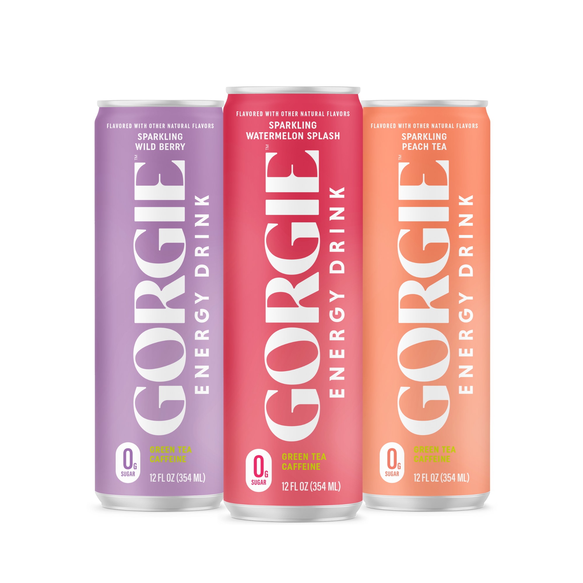Three colorful Gorgie energy drink cans showcase wild berry, watermelon splash, and peach tea flavors.
