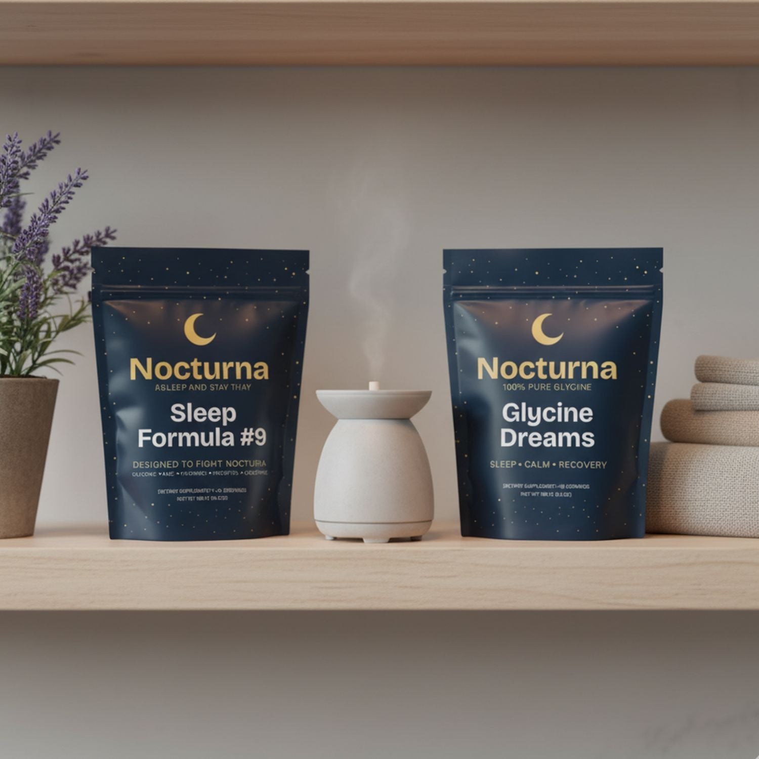 Two Nocturna Sleep product packages on a shelf with a plant and diffuser in the background.