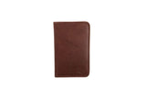 Showcases a brown leather wallet with subtle stitching details and a small embossed logo.
