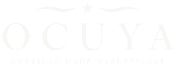 The logo for 'OCUYA American-Made Marketplace' features the brand name 'OCUYA' in a large, elegant serif font with decorative flourishes and a star above, and 'AMERICAN-MADE MARKETPLACE' in a smaller sans-serif font below, all in dark brown on a solid white background.