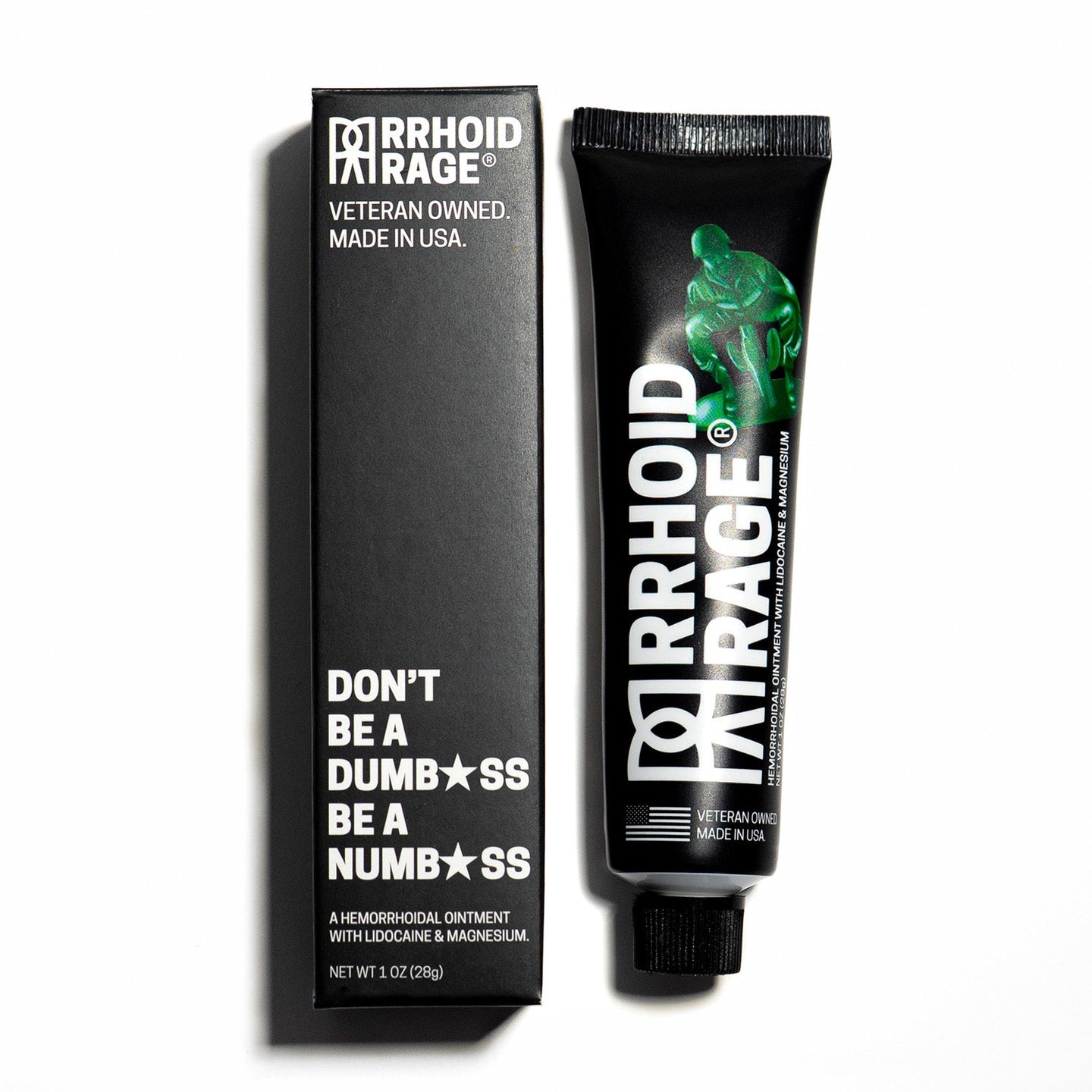 The product shot displays a box and tube of "Rhoid Rage," a veteran-owned hemorrhoidal ointment with lidocaine and magnesium, made in the USA.
