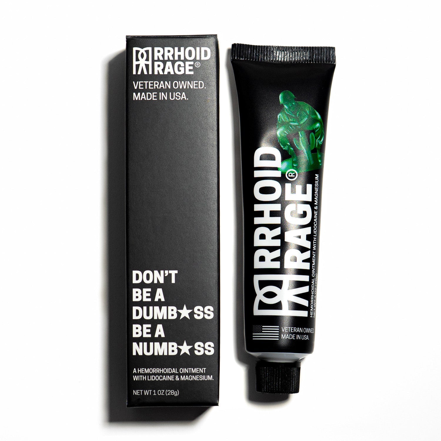 The product shot displays a box and tube of "Rhoid Rage," a veteran-owned hemorrhoidal ointment with lidocaine and magnesium, made in the USA.
