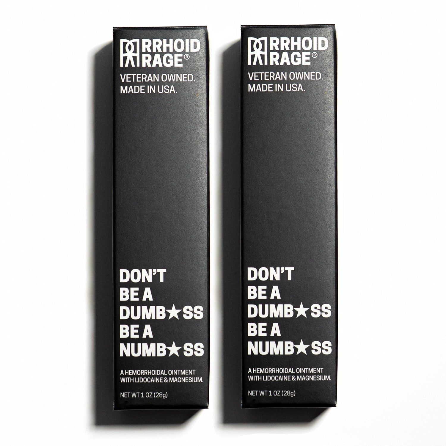 Two boxes of "RRHOID RAGE" hemorrhoidal ointment, featuring lidocaine and magnesium, promise to "Numb" and relieve discomfort.

