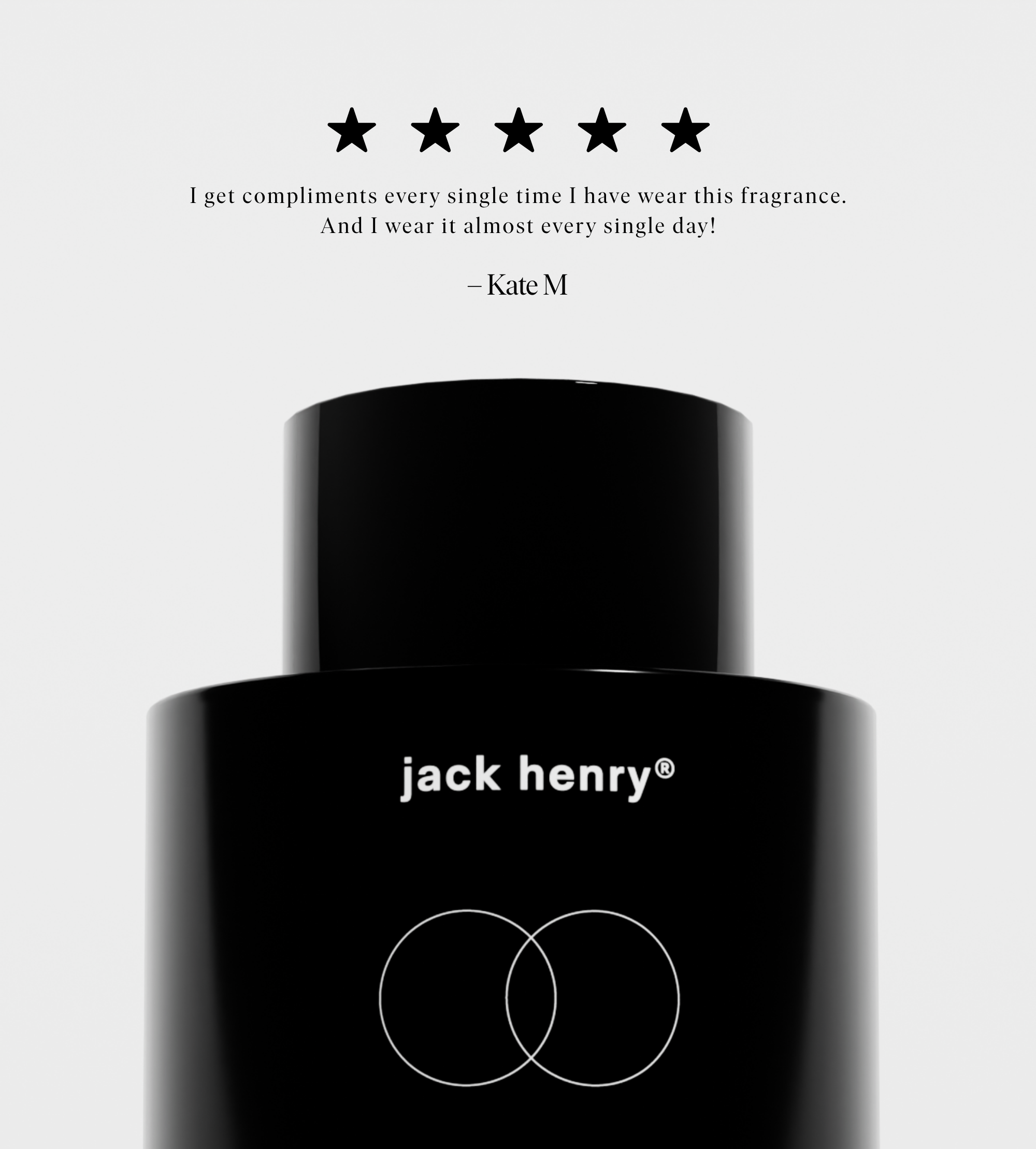 Close-up reveals the sleek black Jack Henry fragrance bottle, celebrated with five-star reviews and customer testimonials.
