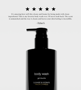 A black bottle of Hinoki Cypress body wash receives a five-star review.
