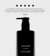 A black bottle of Hinoki Cypress body wash receives a five-star review.

