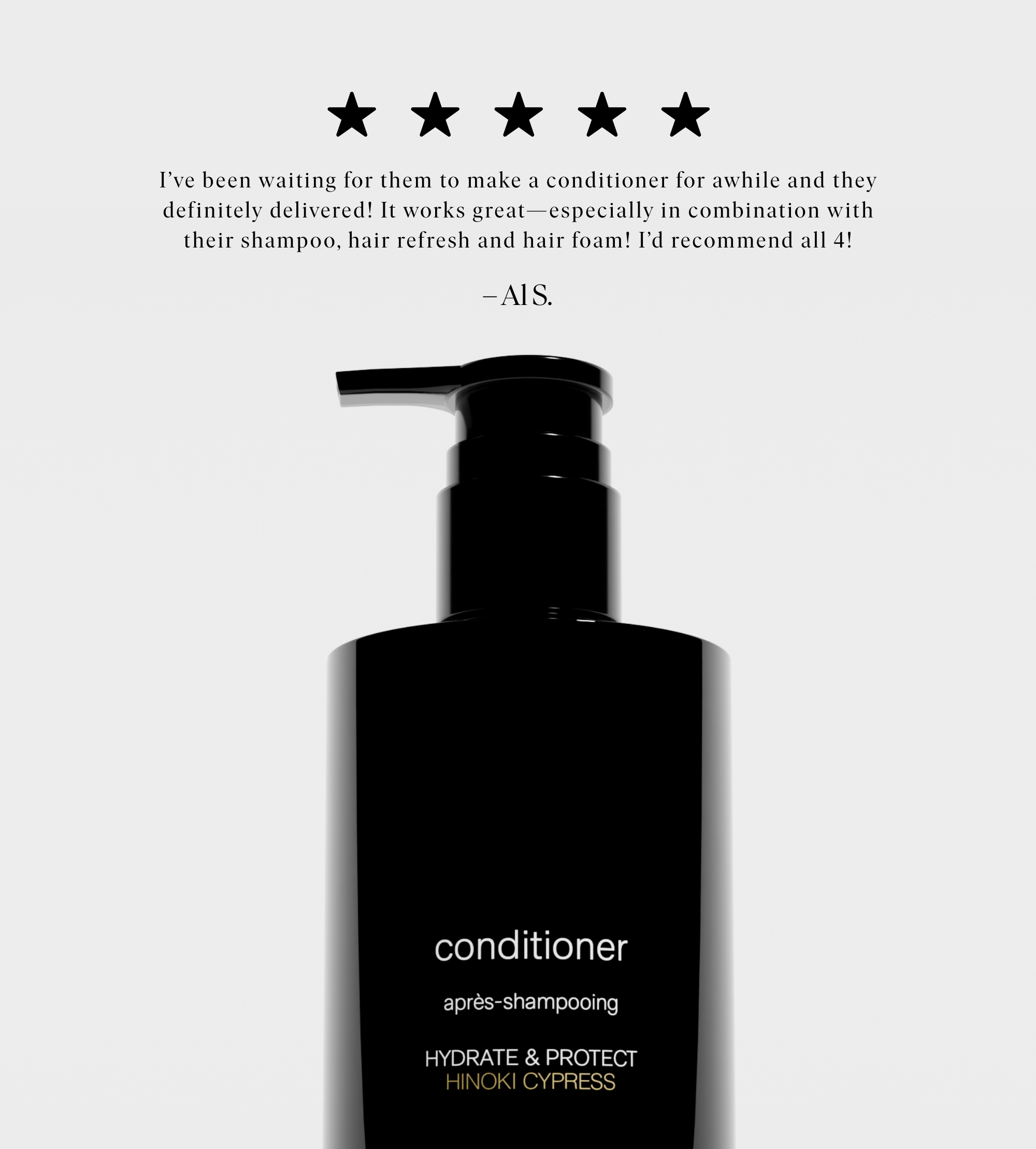 Reviewers give five stars to the black bottle of Hinoki Cypress conditioner, praising its moisturizing hair benefits.
