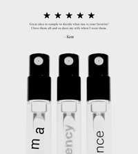 Reviewers give a perfume sampler set five stars, showcasing sample-sized fragrances.
