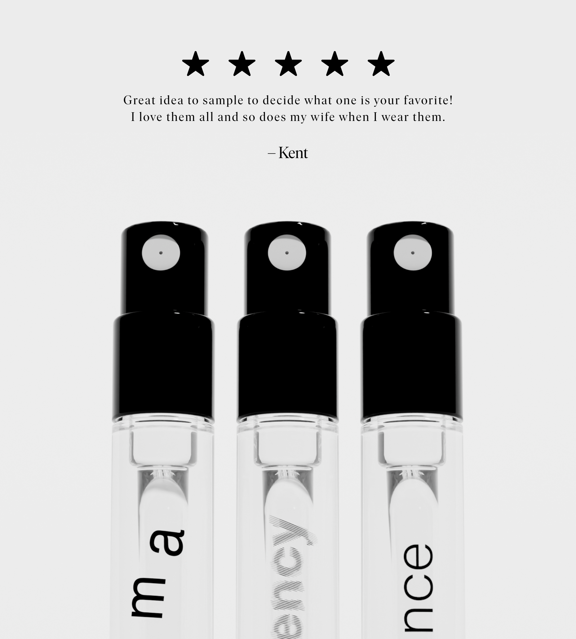 Reviewers give a perfume sampler set five stars, showcasing sample-sized fragrances.
